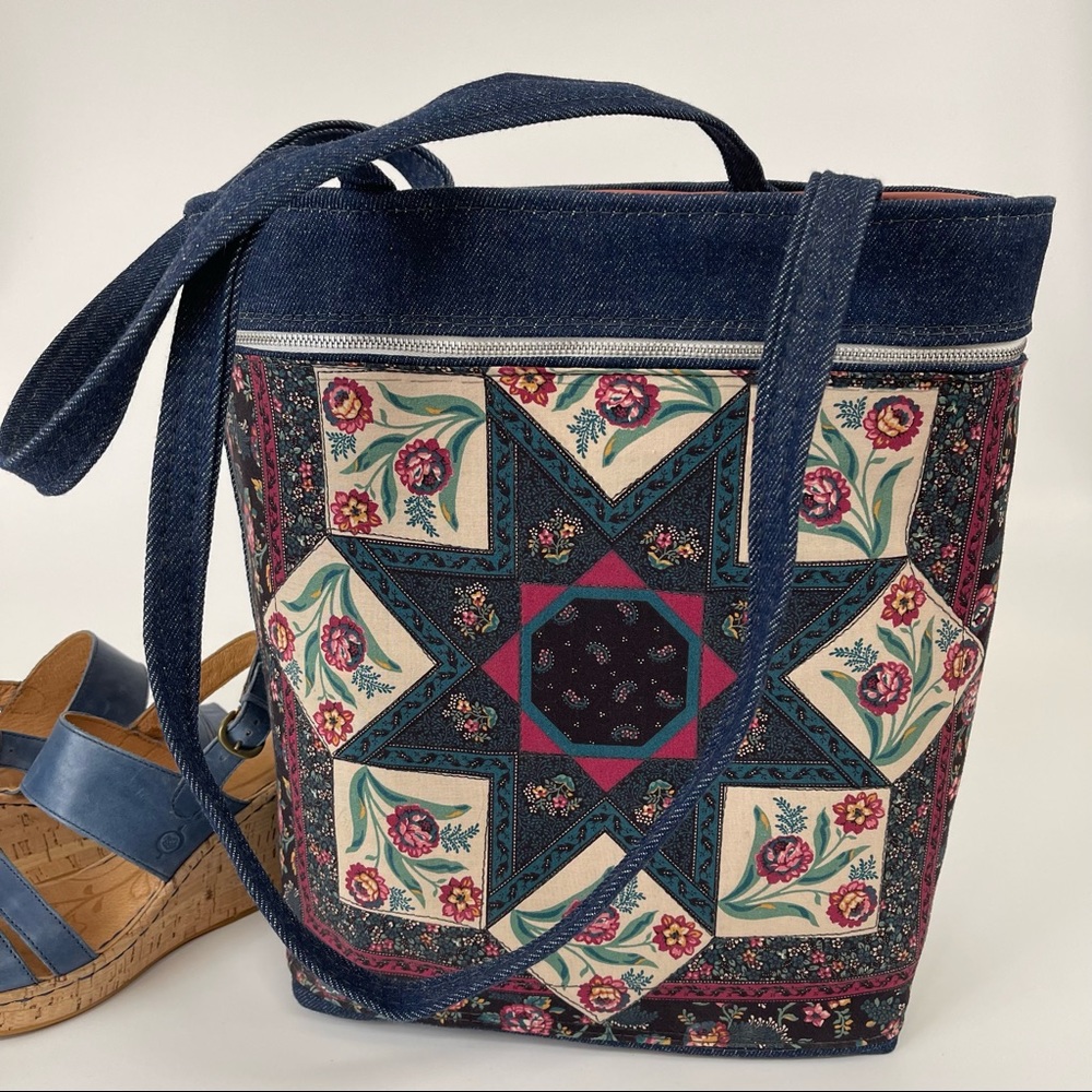 VTG Quilted Floral Jean Shoulder Bag, Tote, File Bag Bohemian Cottage-core